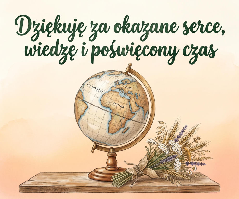Ilustracja przedstawiająca globus na drewnianej półce z bukietem suszonych ziół i zbóż obok, z napisem Dziękuję za okazane serce, wiedzę i poświęcony czas. Idealna grafika do życzeń na zakończenie roku szkolnego, które przeczytasz na naszym portalu.