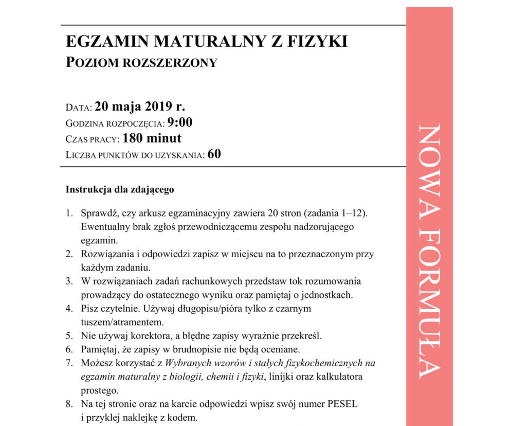 ARKUSZE CKE - Matura fizyka - poziom podstawowy i rozszerzony 2019