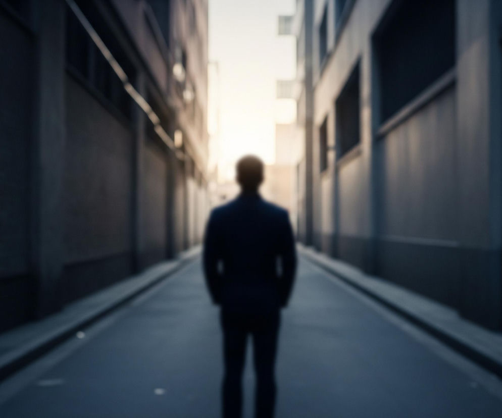 Rozmyta sylwetka osoby stojącej tyłem do widza, w centrum długiego, wąskiego przejścia między budynkami. Osoba ubrana jest w ciemny garnitur i patrzy w kierunku jasnego, rozmytego światła widocznego na końcu przejścia. Ściany budynków po obu stronach są ciemne, w odcieniach szarości i granatu, z detalami architektonicznymi słabo widocznymi z powodu rozmycia. Asfaltowa nawierzchnia drogi w dole ma odcień ciemnego błękitu, z zaznaczonymi krawędziami krawężników.