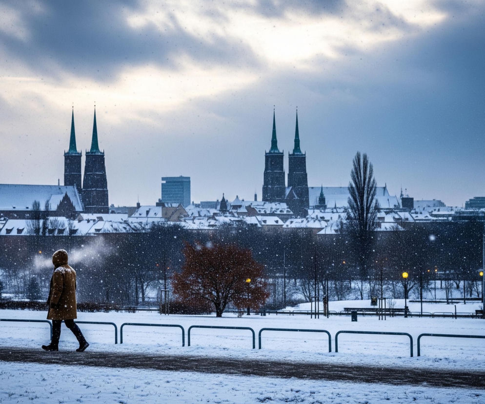 Osoba w beżowej kurtce z kapturem idzie po zaśnieżonej ścieżce, na której widać również czarne metalowe bariery. W tle rozciąga się miejski krajobraz z dominującymi budowlami o zielonych, szpiczastych wieżach i dachach pokrytych śniegiem, otoczony zaśnieżonymi drzewami. Na niebie widać chmury, a cały obraz jest pokryty drobnymi, białymi punktami symbolizującymi padający śnieg.