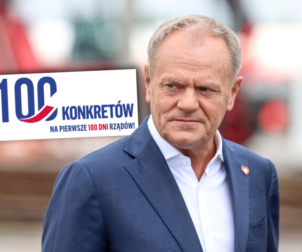 Premier Donald Tusk. Na wstawce logo 100 konkretów. O podsumowaniu obietnic rządu KO przeczytasz na Eska.