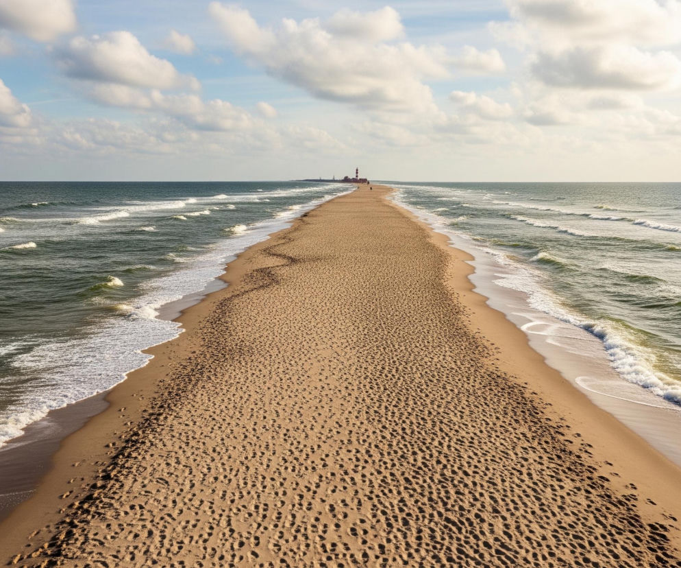 Długi, piaszczysty pas lądu rozciąga się w głąb morza, dzieląc je na dwie części i zbiegając się w perspektywie ku odległemu, czerwonemu budynkowi przypominającemu latarnię morską. Jasnobeżowy piasek plaży jest usiany licznymi, ciemnymi śladami stóp, a jego brzegi oblewają fale o ciemnozielonej wodzie i białych grzywach, biegnące równolegle do lądu. Nad całością rozciąga się niebo z dużymi, białymi chmurami, które na lewej stronie są bardziej wyraźne i ciemniejsze, a po prawej rozświetlone złocistym światłem, sugerującym zachód słońca.