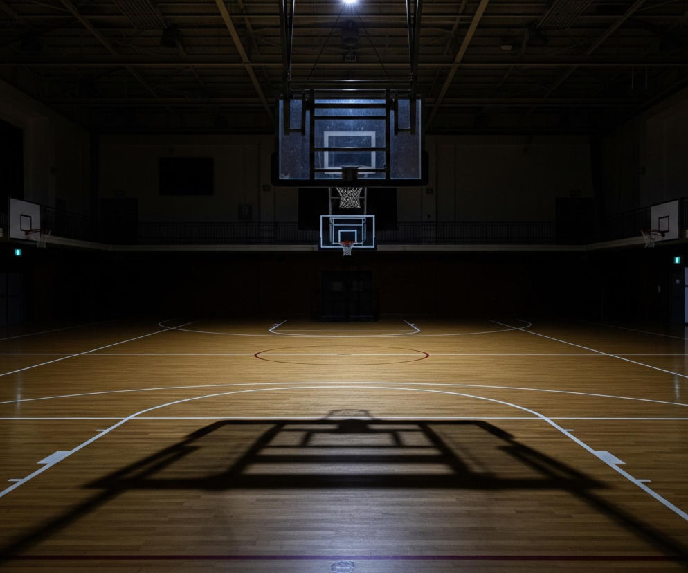 Hala sportowa z drewnianą, lśniącą podłogą, która odbija białe linie boiska do koszykówki i cień kosza. Centralnie umieszczony kosz z przezroczystą tablicą i pomarańczową obręczą jest podświetlony od góry, rzucając wydłużony, kwadratowy cień na parkiet. Górna część hali i ściany są pogrążone w ciemności, jedynie na obu końcach boiska, po bokach, widać fragmenty trybun z czarnymi barierkami i jaśniejsze prostokątne tablice do koszykówki z pomarańczowymi obręczami.