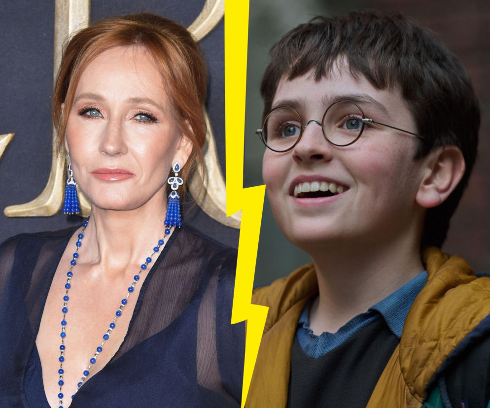 Pisarka J.K. Rowling obok uśmiechniętego Dominica McLaughlina jako Harry'ego Pottera. O kontrowersjach przeczytasz w Eska.