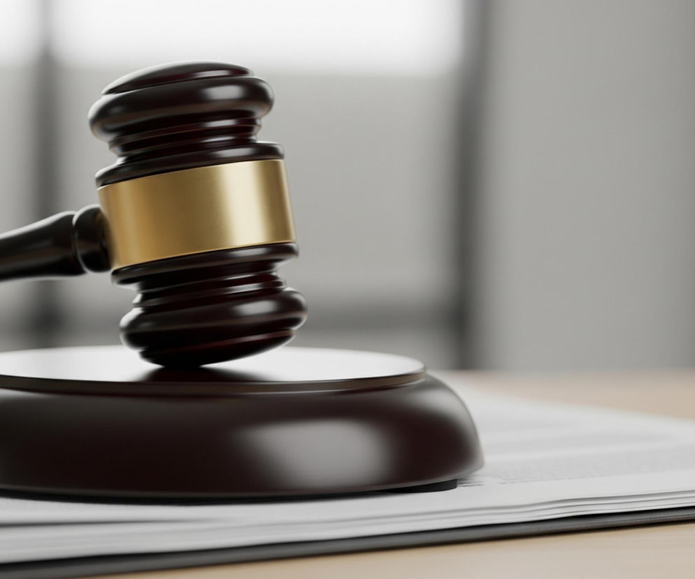 Na pierwszym planie, z lewej strony, znajduje się drewniany młotek sędziowski w kolorze ciemnobrązowym z poziomym, złotym pasem na główce. Młotek opiera się o okrągłą, płaską podstawkę w tym samym ciemnobrązowym kolorze, która leży na stosie białych dokumentów z widocznym tekstem. Wszystkie te elementy spoczywają na jasnobrązowej powierzchni, prawdopodobnie drewnianego stołu, a tło jest rozmyte i w szaro-białych odcieniach, z pionowymi smugami światła i cienia.