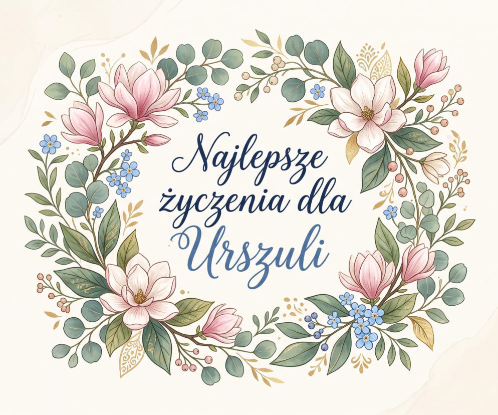 Grafika z kwiatowym wieńcem i napisem Najlepsze życzenia dla Urszuli. O imieninach Uli przeczytasz na Eska2.