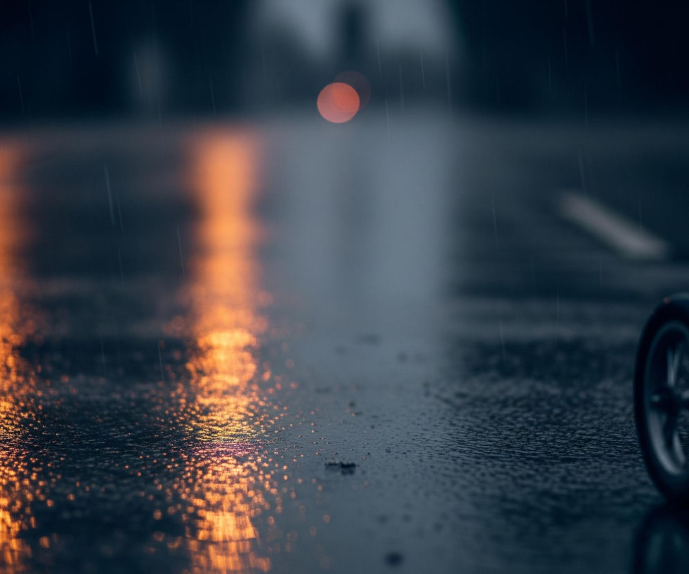 Mokra, ciemnoszara nawierzchnia drogi zajmuje większą część kadru, odbijając intensywne, pomarańczowe światła w postaci rozmytych, podłużnych pasów i liczne drobne refleksy. Na horyzoncie, w centralnej części, widoczne jest jedno wyraźne, rozmyte, czerwono-pomarańczowe światło. Po prawej stronie, na pierwszym planie, znajduje się fragment czarnego koła z srebrną felgą, leżącego na boku, z rozciągającą się za nim ciemną, rozmytą konstrukcją. Cały obraz spowija deszcz, którego smugi są widoczne jako pionowe, cienkie linie.