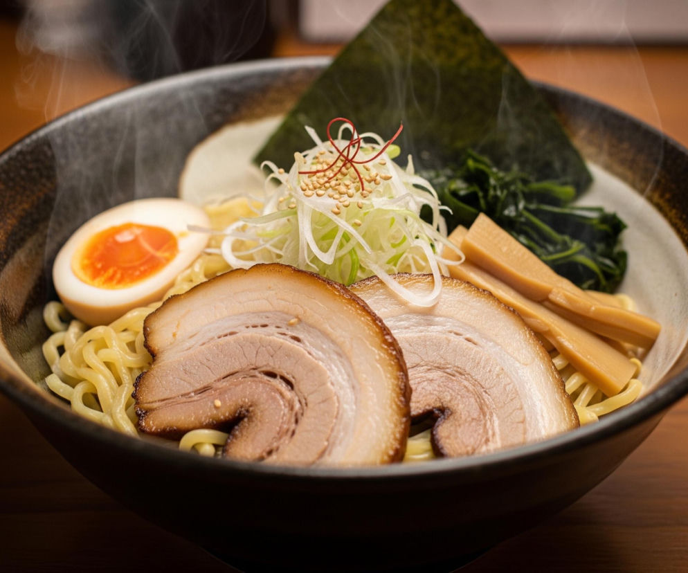 Duża, czarna miska wypełniona jest bulionem i makaronem ramen. Na wierzchu dania, ułożone są: dwa plastry pieczonego mięsa, przekrojone na pół jajko o pomarańczowym żółtku, posiekana biała cebulka ozdobiona czerwoną nitką i ziarnami sezamu, arkusz ciemnozielonych wodorostów, zielone warzywa i jasnobrązowe plastry bambusa. Z miski unosi się delikatna para, a wszystko stoi na drewnianym stole.