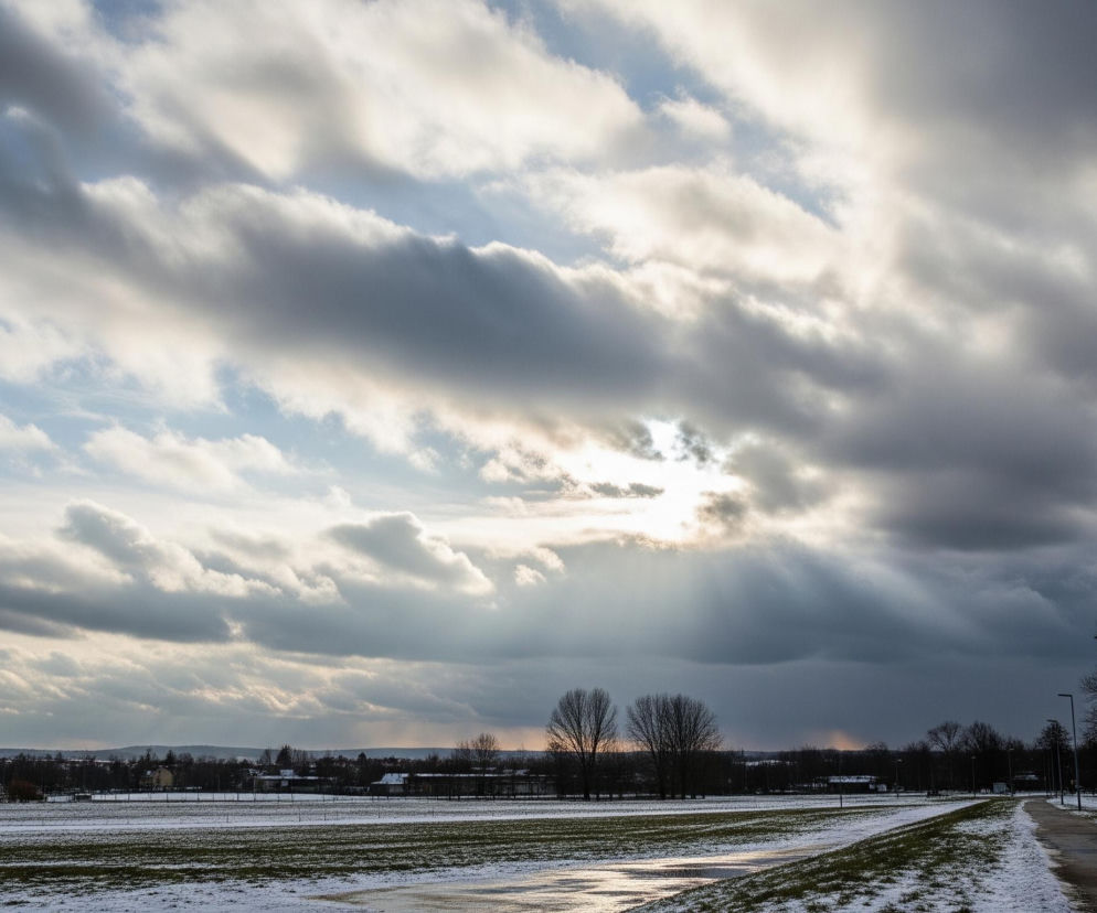 Niebo pokrywają szaro-białe, rozciągnięte chmury, częściowo przysłaniające słońce, z którego przebijają się promienie tworzące świetliste smugi. Poniżej rozpościera się szerokie, pokryte częściowo śniegiem i zieloną trawą pole, z widocznym brukowanym traktem prowadzącym w głąb obrazu po prawej stronie. Na horyzoncie, pod zachmurzonym niebem, widoczne są zabudowania miasta i rzędy nagich drzew.