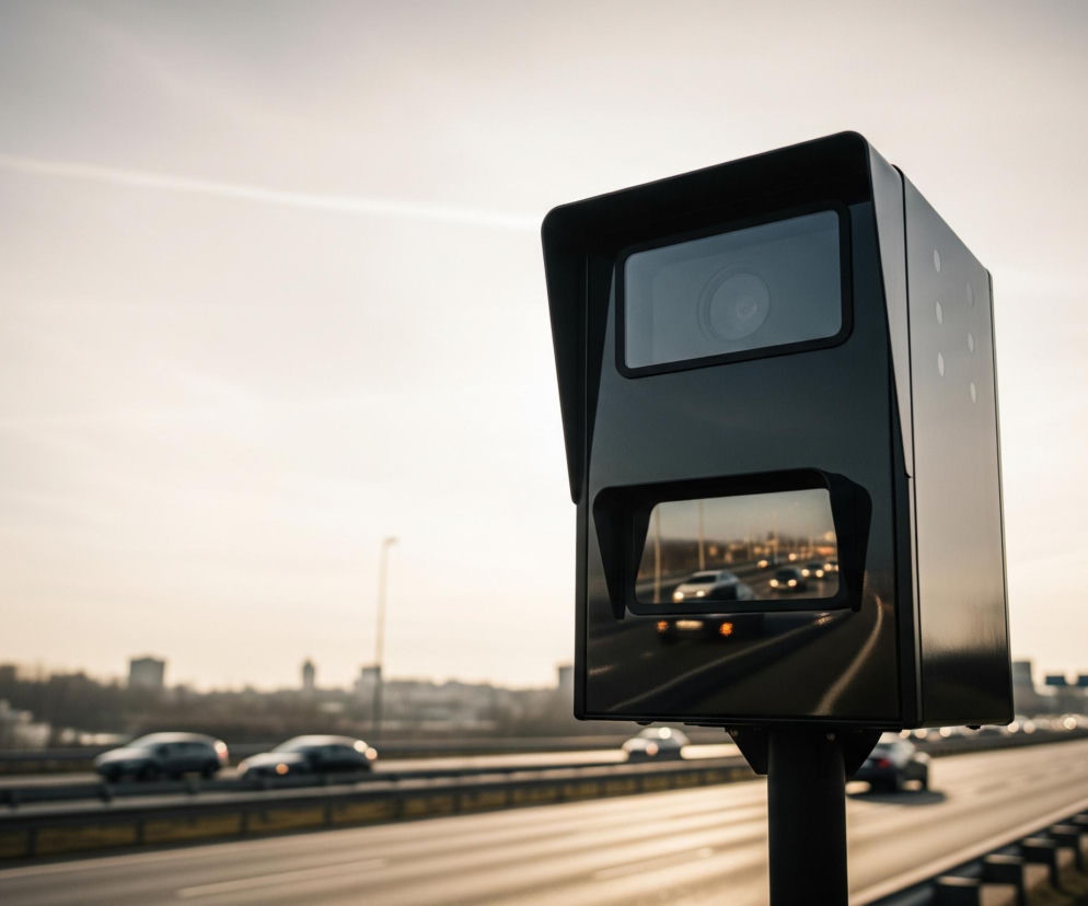 Czarna skrzynka urządzenia z obiektywem kamery, ustawiona na słupku, zajmuje prawą część kadru. W jej dolnej, prostokątnej szybie odbija się ruch uliczny – rozmyte światła samochodów i białe linie jezdni, z widocznymi na horyzoncie zarysami miejskich budynków. Tło stanowi szeroka, wielopasmowa autostrada, po której poruszają się niewyraźne pojazdy, oświetlone promieniami zachodzącego słońca, które tworzą jasną poświatę na niebie.