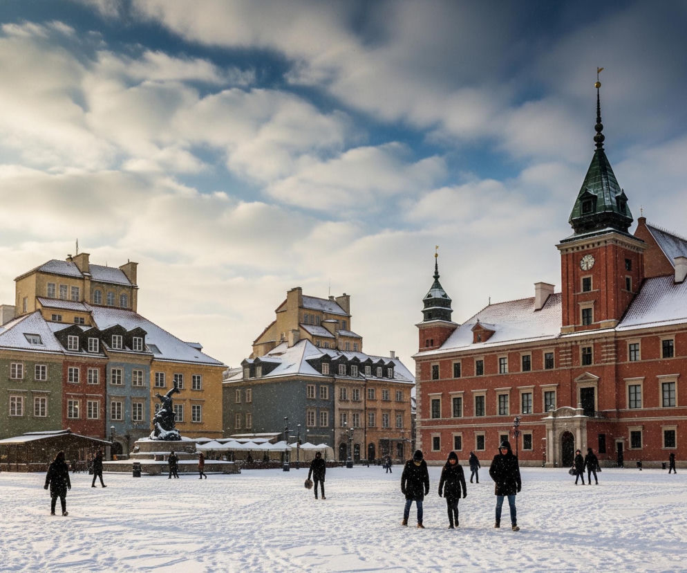 Zasypany śniegiem plac miejski jest głównym elementem widoku, z charakterystycznymi budynkami otaczającymi go z trzech stron. Po prawej stronie dominuje duży, ceglany budynek z zielonymi dachami i spiczastymi wieżami, pokrytymi białą warstwą śniegu. Po lewej stronie placu stoi ciemna statua na cokole, a za nią widać rzędy kolorowych kamienic o różnych odcieniach, takich jak zielony, żółty i niebieski, również z ośnieżonymi dachami. Na całym placu i w powietrzu widać spadające płatki śniegu, a po nim spaceruje kilkanaście osób ubranych w ciemne kurtki, pozostawiając ślady na świeżym śniegu.