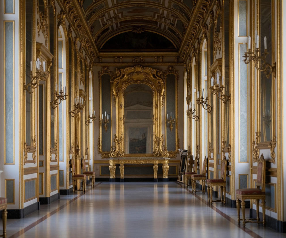 Długi, symetryczny korytarz pałacowy, ozdobiony w stylu barokowym, rozciąga się w głąb obrazu. Ściany pokryte są białymi i jasnoniebieskimi panelami, obramowanymi bogato zdobionymi, złotymi listwami i gzymsami. Wzdłuż ścian rozmieszczone są liczne kinkiety z białymi świecami oraz wąskie okna, w których odbija się światło. Na końcu korytarza znajduje się duży, złoty konsolowy stół z lustrem, a przed nim, po obu stronach, stoi rząd krzeseł z ciemnoczerwonym, welurowym obiciem i złotymi nogami. Podłoga jest jasna, lśniąca, z ciemnymi pasami biegnącymi wzdłuż i poprzek.