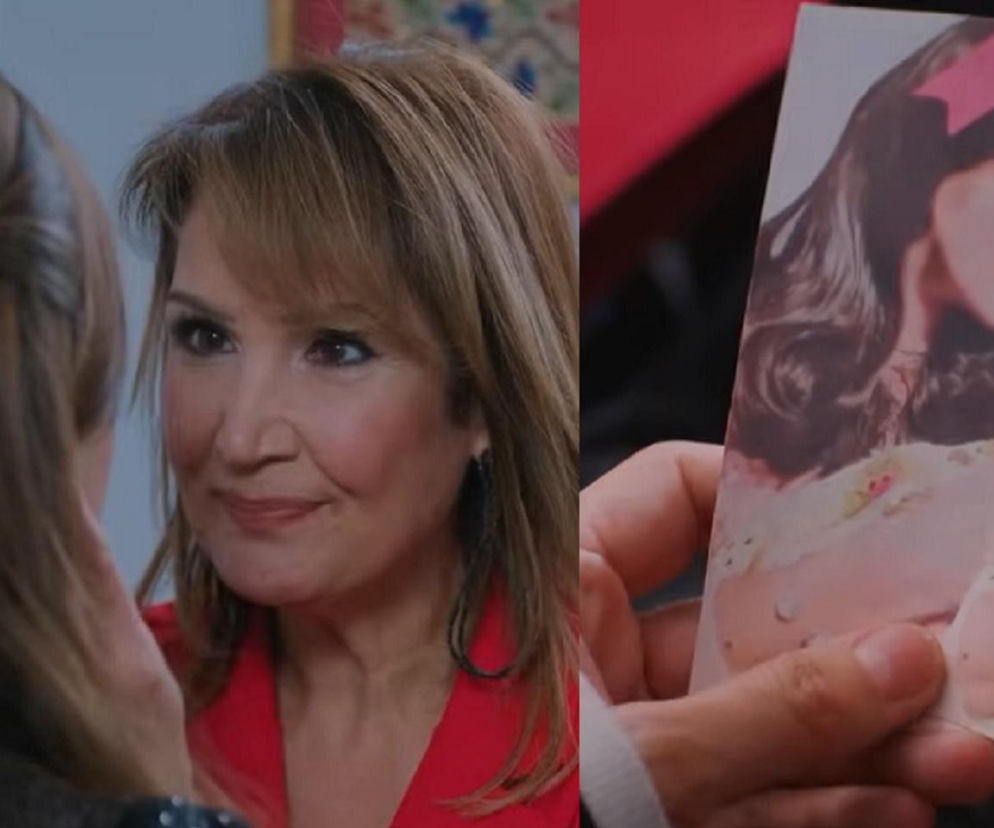 Scena z tureckiego serialu Miłość i nadzieja przedstawiająca Feraye w czerwonej marynarce, z czarnymi kolczykami, patrzącą na drugą kobietę, obok dłoń trzymająca dwie części starego zdjęcia młodej kobiety z ciemnymi włosami i czerwoną kokardą. Więcej o wątkach Super Seriale znajdziesz na naszym portalu.