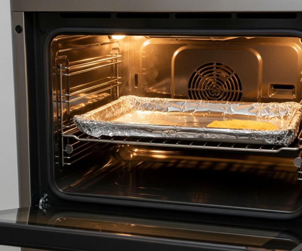 Otwarty, włączony piekarnik z blachą wyłożoną folią aluminiową w środku. O zasadach chłodzenia czytaj na Urządzamy.