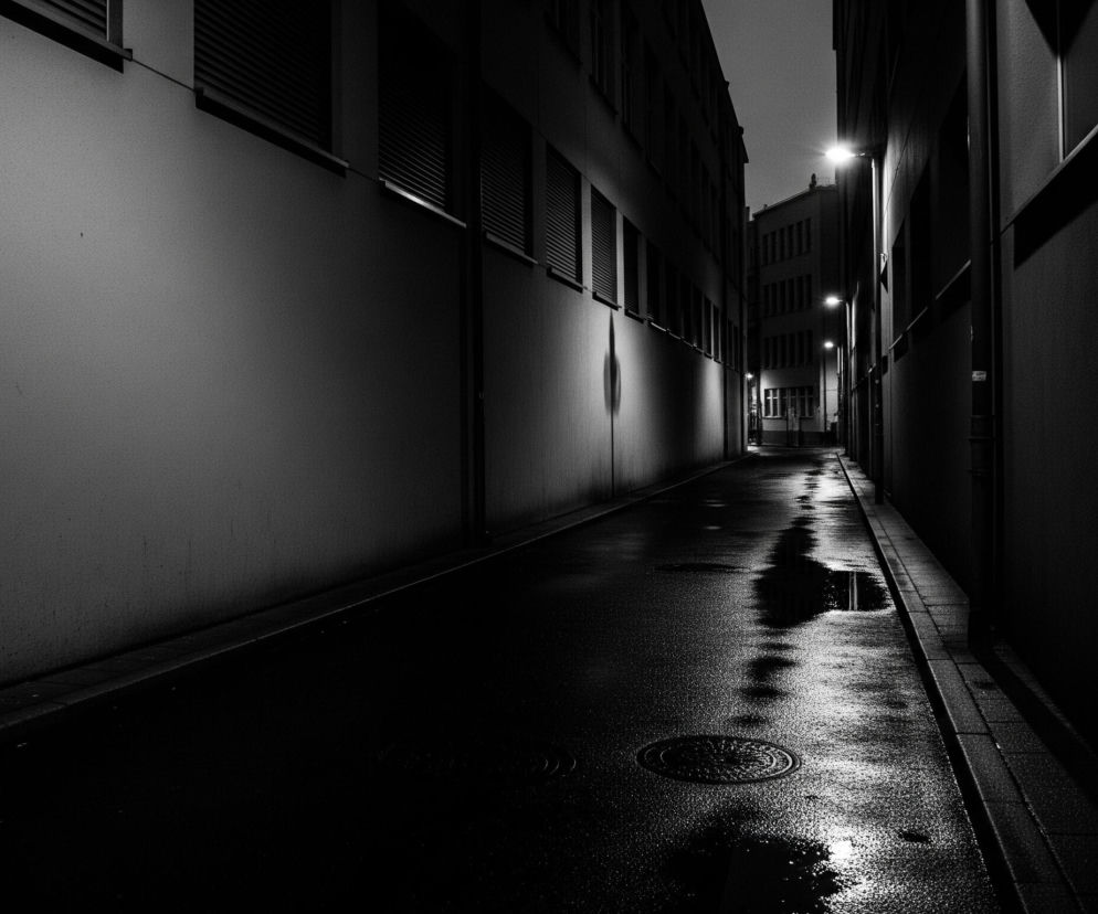 Długa, wąska, brukowana uliczka miejska w czerni i bieli, otoczona wysokimi budynkami po obu stronach. Nawierzchnia ulicy jest mokra, odbijając światło z latarni ulicznych, co tworzy jasne smugi i plamy, zwłaszcza na prawo od centrum. Na pierwszym planie po lewej stronie znajduje się gładka ściana budynku z kilkoma prostokątnymi oknami na górze, a na jej powierzchni widoczny jest blask latarni. W dali, w centrum kadru, widać kolejne budynki i więcej latarni ulicznych, które emitują ostre, białe światło.