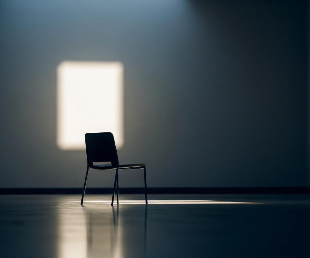 Czarne krzesło stoi na błyszczącej, ciemnej podłodze w pustym pomieszczeniu, zwrócone plecami do widza. Jego sylwetka jest wyraźnie zarysowana na tle jaśniejszej, szarej ściany. Na ścianie, za krzesłem, widoczny jest pionowy prostokąt jasnego światła. Dodatkowo, na podłodze, przed krzesłem, leży poziomy pas światła. Górna część kadru jest ciemna, z pojedynczym, rozproszonym snopem światła padającym z góry po lewej stronie.