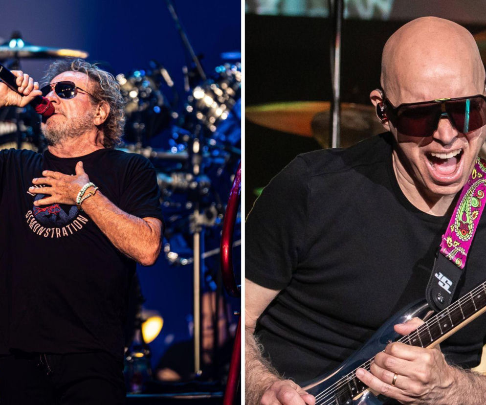 Śpiewający Sammy Hagar na scenie. Obok na drugim zdjęciu Joe Satriani gra na gitarze. O ich relacji czytaj na EskaRock.