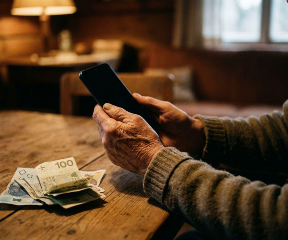 Dłonie seniora trzymające smartfon obok rozsypanych pieniędzy