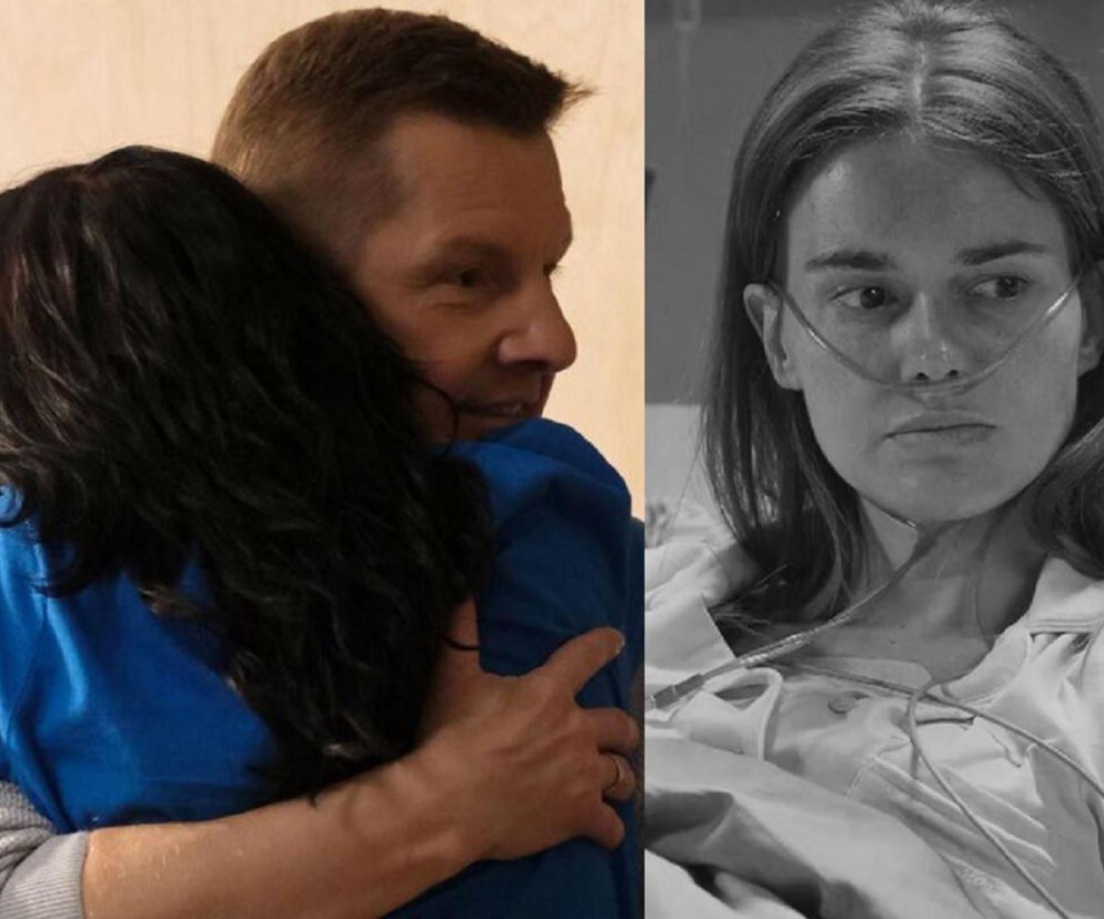 Paweł ze M jak miłość w niebieskiej koszulce przytula kobietę z ciemnymi włosami; obok czarno-białe zdjęcie Franki z rurkami w nosie, leżącej w łóżku szpitalnym. Artykuł na Super Seriale porusza temat żałoby Pawła po śmierci Franki i możliwych nowych związków.