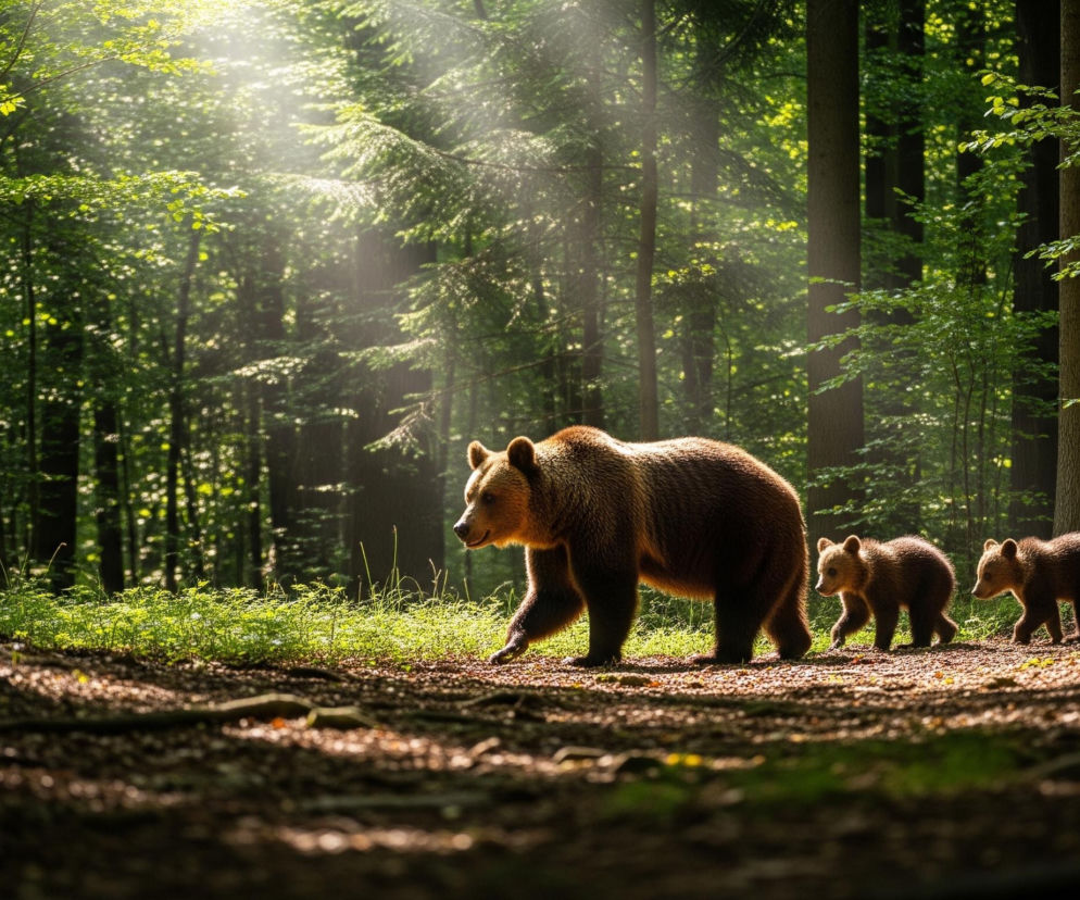 Dorosły niedźwiedź o brązowym futrze idzie ścieżką w lesie, a za nim podążają trzy mniejsze niedźwiadki. Jasne promienie słońca przedzierają się przez gęste zielone liście drzew, oświetlając fragmenty ściółki leśnej i futra niedźwiedzi. Scena charakteryzuje się kontrastem między jasnymi, słonecznymi plamami a ciemnymi cieniami, szczególnie na pniach drzew i w dolnej części obrazu.