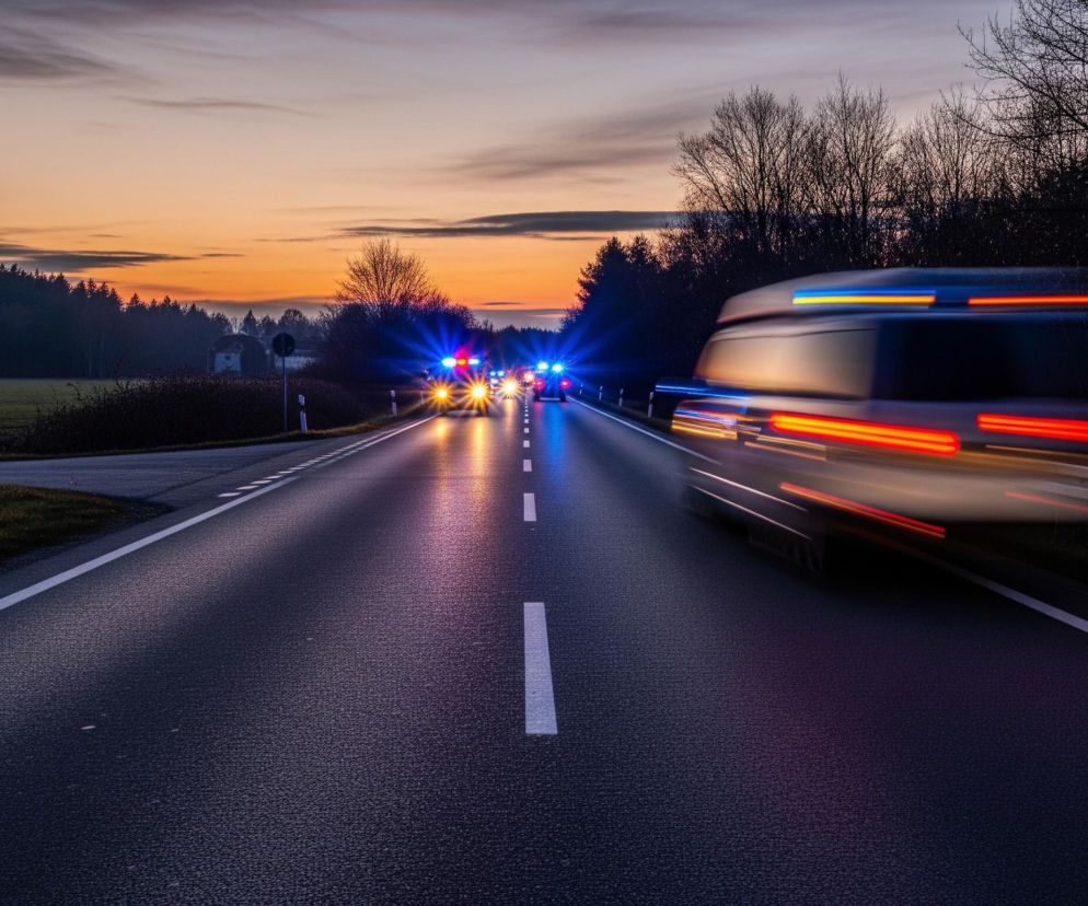 Ciemna droga biegnie w dół, z białą przerywaną linią pośrodku i ciągłymi liniami na krawędziach. Po prawej stronie drogi widoczny jest rozmazany, pędzący pojazd z czerwonymi światłami z tyłu i jasnym, niebieskim światłem na dachu. W oddali, na drodze przed nami, znajduje się szereg samochodów z włączonymi, jasnymi, niebieskimi i żółtymi światłami awaryjnymi. Droga otoczona jest polami i lasami, a na horyzoncie widoczne jest pomarańczowo-różowe niebo o zachodzie słońca.