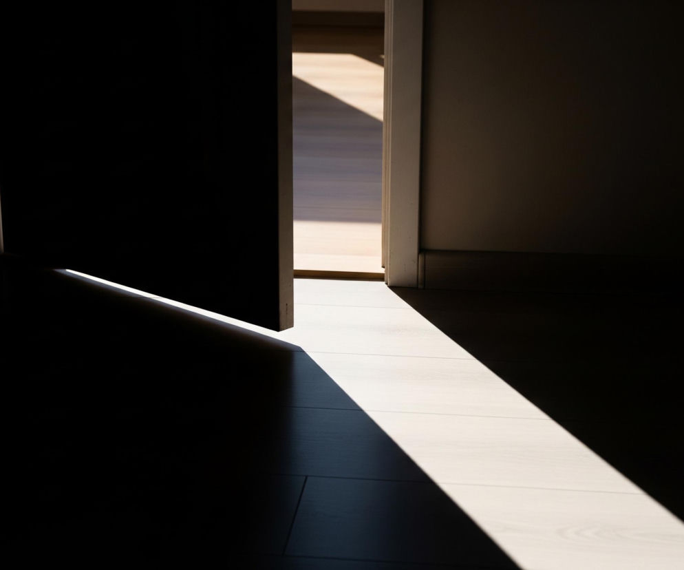 Ciemne pomieszczenie, z otwartymi drzwiami pośrodku, częściowo odsłaniającymi jasne wnętrze. Promień światła wpada przez otwór drzwiowy, tworząc ostry, trapezoidalny kształt na podłodze, przechodząc od lewej dolnej części kadru w kierunku prawego górnego rogu. Prawa ściana i część podłogi są również skąpane w tym jasnym świetle, podczas gdy lewa strona pomieszczenia pozostaje w głębokim cieniu.