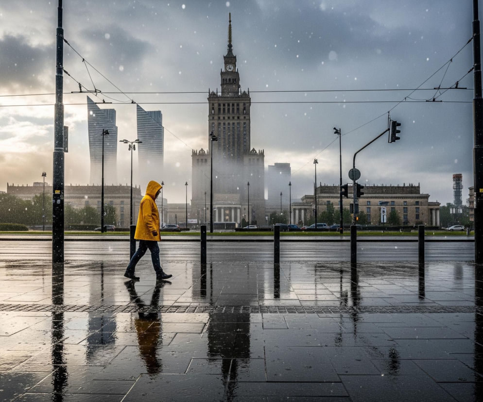 Osobę w żółtym płaszczu przeciwdeszczowym i ciemnych spodniach, idącą w lewą stronę, po mokrym, wyłożonym płytami chodniku, na którym odbijają się światła i zarys sylwetki. W tle dominuje wysoki, historyczny budynek z wieżą zegarową, otoczony mgłą lub opadami, a po jego lewej stronie widoczne są dwa nowoczesne drapacze chmur. Sceneria miejska charakteryzuje się licznymi słupami, przewodami trakcyjnymi, latarniami ulicznymi i sygnalizacją świetlną, wszystko to pod szarym, zachmurzonym niebem, z widocznymi w powietrzu białymi punktami, sugerującymi padający deszcz lub śnieg.