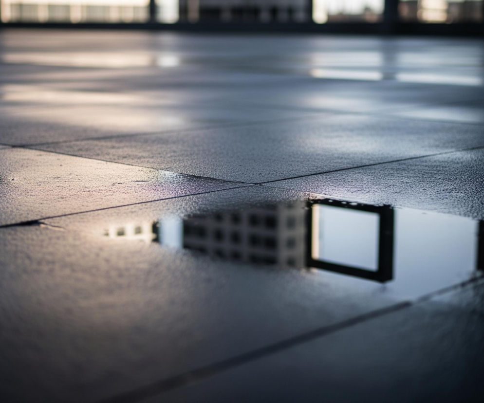 Powierzchnia wyłożona jest ciemnymi, kwadratowymi płytami, częściowo pokrytymi wodą, tworzącą kałuże i mokre plamy. W jednej z kałuż, umieszczonej w prawym dolnym rogu, odbija się budynek z wieloma oknami oraz fragment jasnego, prostokątnego obiektu. Na powierzchni płyt widoczne są subtelne refleksy światła, jaśniejsze w lewej części kadru, przechodzące w ciemne odcienie w prawym dolnym rogu, co sugeruje nierównomierne oświetlenie.