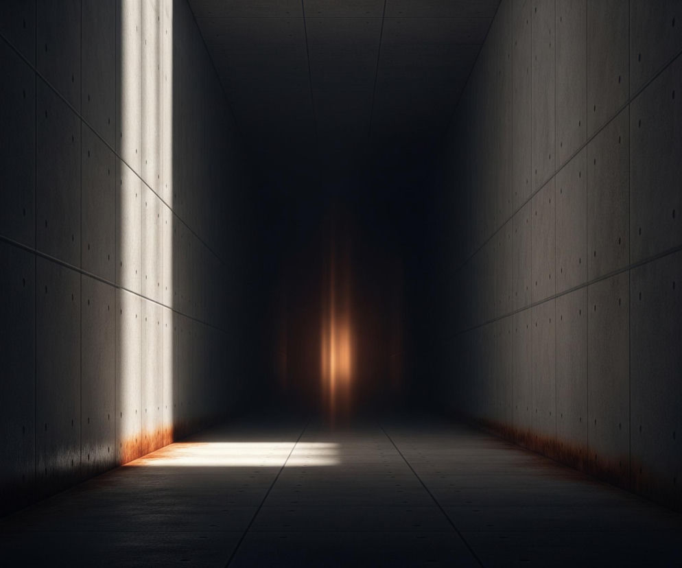 Długi, prosty korytarz wyłożony jest szarymi panelami przypominającymi beton, zarówno na ścianach, jak i na podłodze. Po lewej stronie, od góry do dołu, przebiega smuga jasnego, białego światła, rzucając wydłużony prostokątny cień na podłogę. W tle, na wprost widza, rozbłyska pionowa smuga pomarańczowo-żółtego światła, której blask rozchodzi się nieco po ścianach i suficie. Na styku lewej ściany z podłogą widoczne są ślady rdzy lub brązowych zacieków, które rozciągają się od jasnego światła w kierunku środka korytarza.