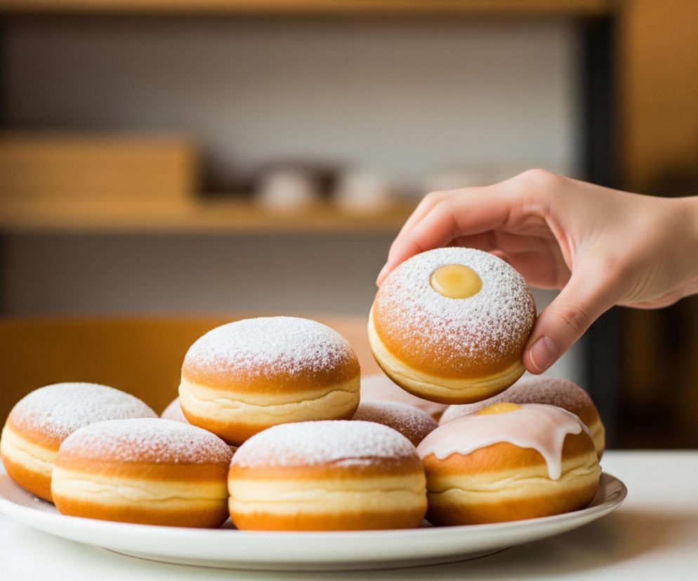 Na pierwszym planie, po prawej stronie, jasna dłoń w beżowym swetrze unosi pączka. Pączek ten jest pokryty białym cukrem pudrem, z żółtą galaretką w centrum, otoczoną chrupiącą, jasnozłotą skórką. Na białym talerzu leży stos pączków, z których większość jest posypana cukrem pudrem, a jeden w prawym dolnym rogu jest polany białym lukrem z żółtą kropką. Pączki mają ciemnozłoty pasek pośrodku i jasne krawędzie. Talerz spoczywa na białym stole, a w tle widać rozmyte, beżowo-brązowe tło z elementami półek.