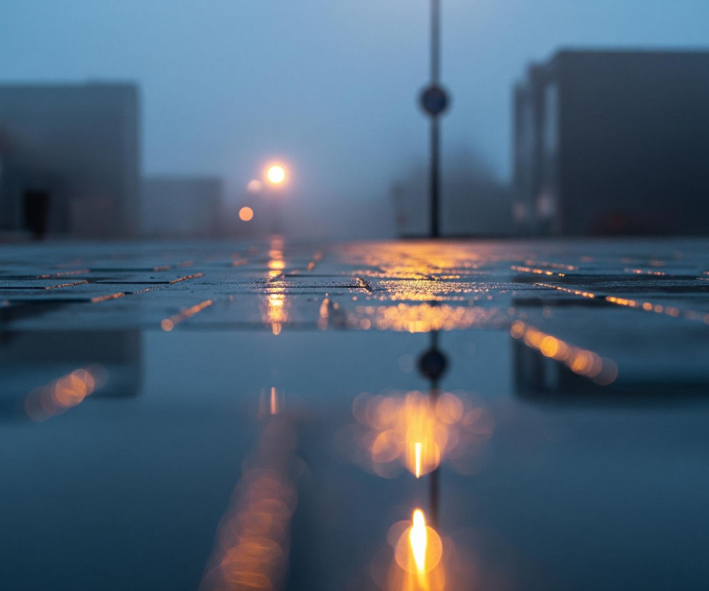 Mokry bruk ulicy rozciąga się w głąb obrazu, odbijając ciepłe, pomarańczowe światła latarni i tworząc efektowne smugi rozmytego blasku. Tło wypełnia gęsta, niebiesko-szara mgła, w której zarysowują się niewyraźne sylwetki budynków po obu stronach drogi. Po prawej stronie widać słup latarni ulicznej, a w oddali, w centrum kadru, wyróżnia się jasne, okrągłe światło jednej z lamp, której blask jest intensywnie odbijany na mokrej nawierzchni.