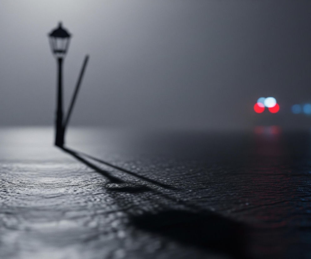 Na pierwszym planie, z lewej strony, wznosi się ciemna latarnia uliczna, jej światło jest wyłączone lub niewidoczne, a jej sylwetka jest wyraźnie zarysowana na tle jaśniejszego, zamglonego horyzontu. Od podstawy latarni rozciąga się długi, ciemny cień biegnący w prawo, przez całą długość obrazu, na mokrej, chropowatej powierzchni, która wydaje się być drogą lub chodnikiem. W oddali, na rozmytym tle, widoczne są cztery jasne światła: dwa czerwone po lewej i dwa biało-niebieskie po prawej, sugerujące obecność pojazdu w oddali, odbijające się delikatnie na mokrej nawierzchni.