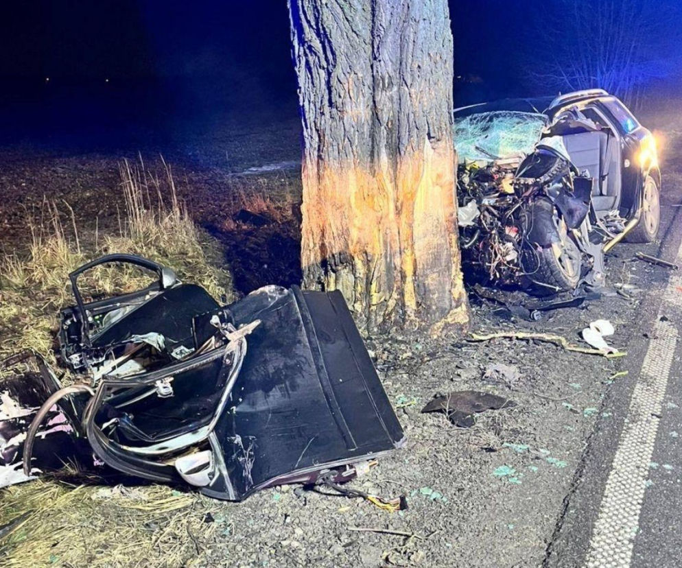 Makabryczny wypadek w Bojszowach. Audi rozpadło się na pół, kierowca nie żyje