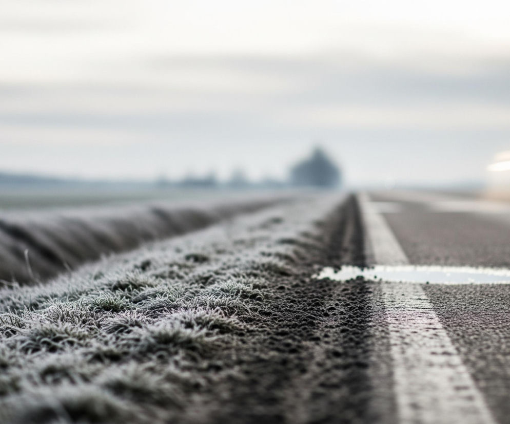 Asfaltowa droga biegnie ukośnie przez kadr, z białą, przerywaną linią rozdzielającą pasy ruchu; widać kałużę wody odbijającą jasne niebo obok linii. Po lewej stronie drogi rozciąga się pas trawy pokrytej szronem, z pojedynczymi źdźbłami wystającymi ponad powierzchnię. Horyzont jest rozmyty, ukazuje zamazane sylwetki drzew i zabudowań pod jasnym, zachmurzonym niebem, z wyraźnym smugą światła po prawej stronie.