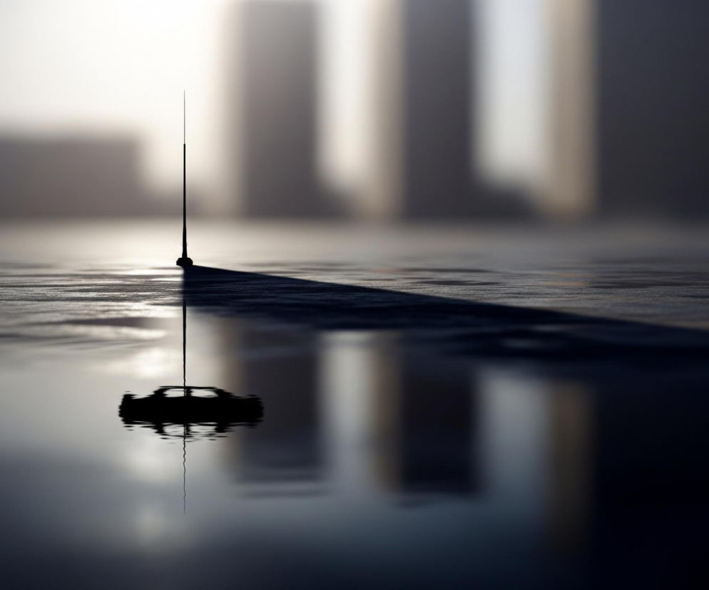 Na pierwszym planie widoczna jest mokra, ciemna nawierzchnia, na której odbija się otoczenie. Z nawierzchni wyrasta cienki, czarny obiekt o kształcie pręta z okrągłą podstawą, rzucający długi cień w prawo. W dolnej części obrazu, na odbijającej powierzchni, widać zamazane odbicie samochodu oraz odwrócone odbicie pręta. W tle znajdują się rozmyte sylwetki wysokich budynków w szaro-białych odcieniach, z jaśniejszym obszarem w górnej części, sugerującym źródło światła.