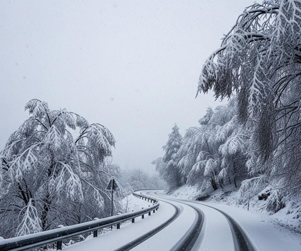 Kręta droga, pokryta śniegiem, biegnie przez zimowy krajobraz pod zachmurzonym, jasnoszarym niebem, z którego padają liczne białe płatki śniegu. Po obu stronach drogi, która ma dwie wyraźne, ciemniejsze ślady opon, znajdują się zbocza porośnięte drzewami z nagimi gałęziami, grubymi warstwami białego śniegu i miejscami ciemnymi, odsłoniętymi fragmentami gruntu. Po lewej stronie drogi widoczna jest metalowa barierka, również pokryta śniegiem, a dalej w tle, po lewej stronie, stoi znak drogowy z trójkątną tarczą.