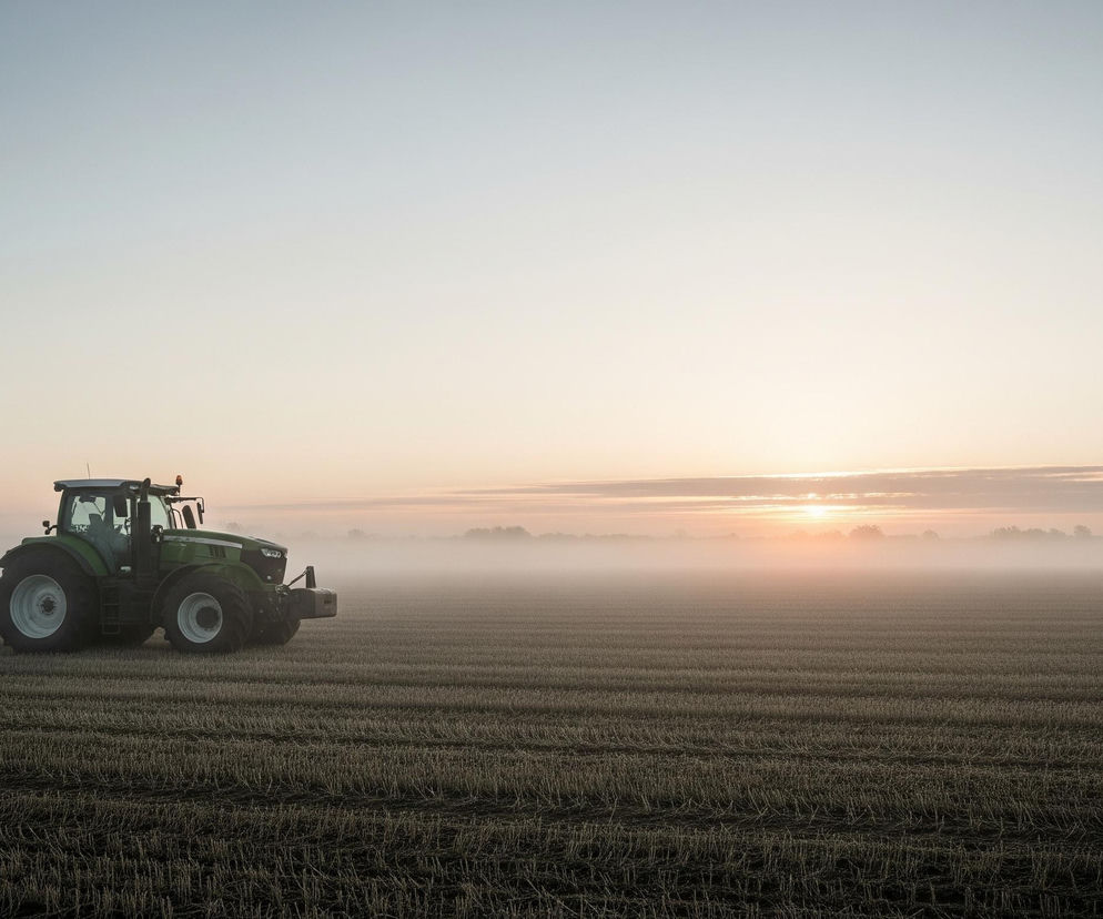 Zielony traktor z przyczepionym czerwonym narzędziem rolniczym stoi na polu pokrytym niskimi, ściętymi łodygami roślin. Poranek lub wieczór oświetla scenę niskim słońcem, którego jasna tarcza jest widoczna nisko nad horyzontem, po prawej stronie, nad warstwą gęstej mgły. Mgła rozpościera się szeroko nad całym polem, sięgając do linii drzew widocznych w oddali, i częściowo zaciera widok na wschodzące lub zachodzące słońce, tworząc pomarańczowo-różowe pasma światła przechodzące w błękitne niebo.