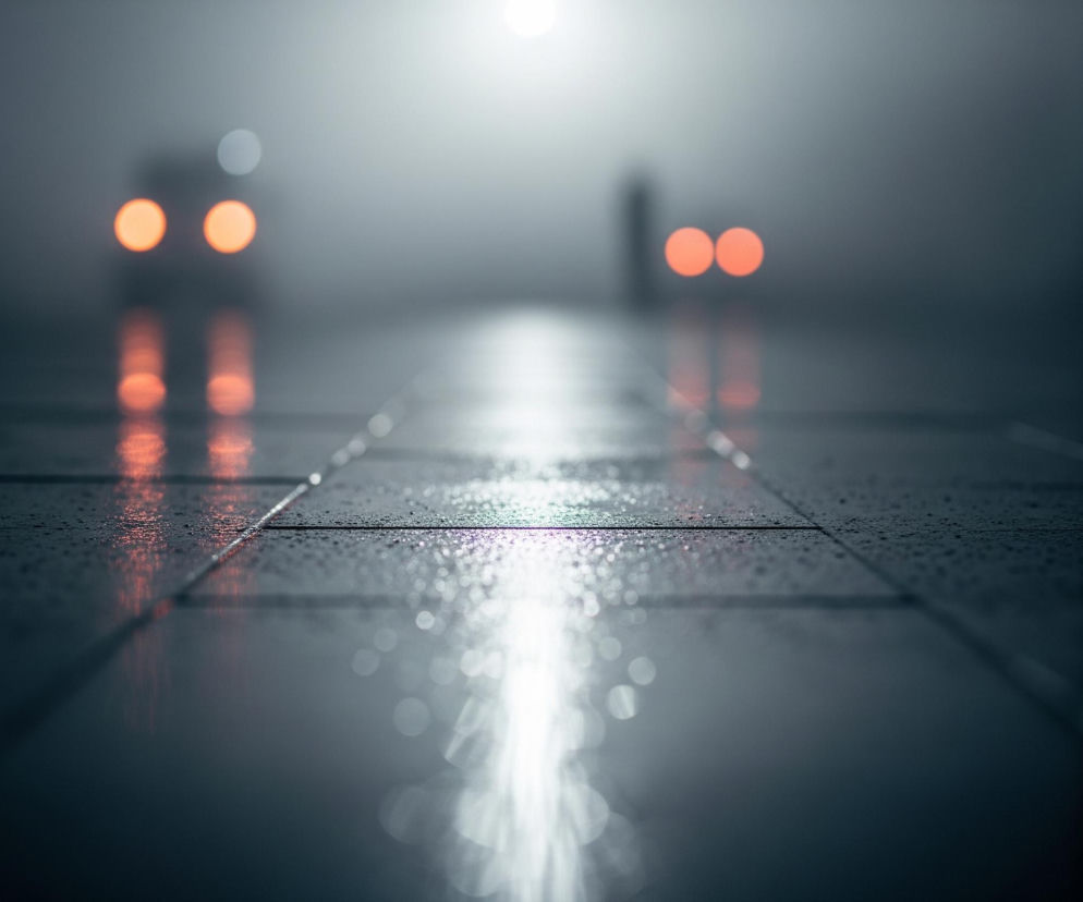 Gładka, ciemna powierzchnia z widocznymi prostokątnymi podziałami zajmuje większość pierwszego planu, pokryta drobnymi kroplami wody, z wyraźnymi odbiciami światła tworzącymi pionową, jasną smugę po prawej stronie. W tle, w gęstej mgle, widoczne są dwa pomarańczowe punkty świetlne po lewej stronie i dwa kolejne po prawej, będące odległymi źródłami światła, prawdopodobnie tylnymi światłami pojazdów. Cała scena utrzymana jest w ciemnych, chłodnych barwach, z dominującymi szarościami i granatem, przełamanych jedynie ciepłym pomarańczem świateł i jasnymi, białymi refleksami. Odbicia świateł są rozmyte, tworząc efekt bokeh, co dodatkowo podkreśla mglistą atmosferę.