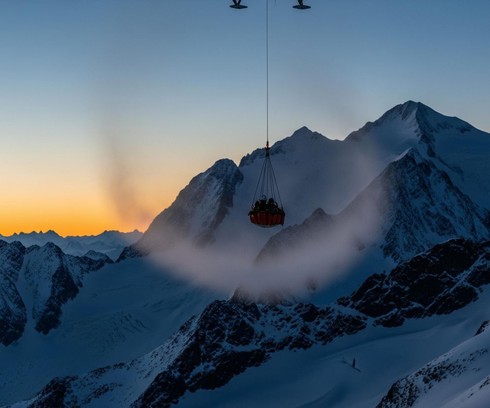 Dwa czarne obiekty, przypominające helikoptery, unoszą się w górnej części kadru na tle jasnego, błękitnego nieba. Pod nimi wisi na długiej linie pomarańczowy, koszowy ładunek, w którym widoczne są sylwetki ludzi, spowitych w części mgłą lub chmurą. Scena rozgrywa się wysoko nad ośnieżonymi szczytami gór, które rozciągają się w głąb kadru, tworząc surowy krajobraz. Horyzont na lewej części obrazu rozświetla się pomarańczowo-żółtym blaskiem zachodzącego słońca.