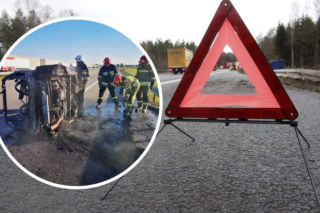 Płonące auto na A2 zablokowało ruch. Spaliło się doszczętnie