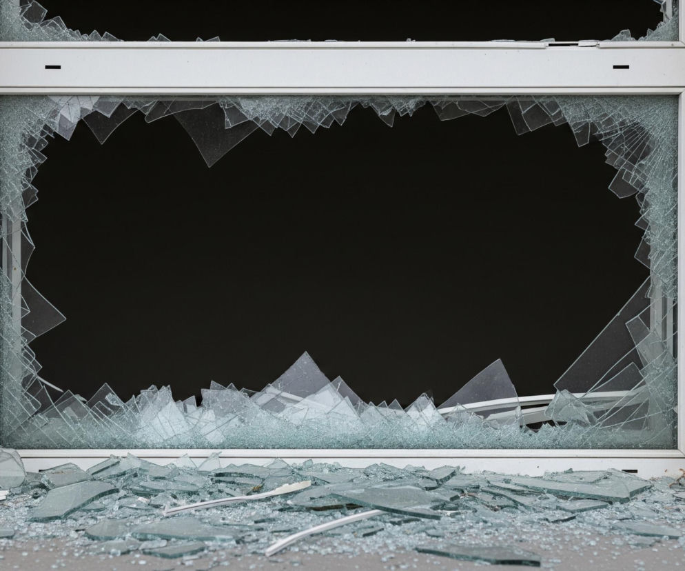 Centralnie w kadrze widoczne jest rozbite okno z białą ramą, osadzone w beżowej ścianie z tynkiem strukturalnym. Rama okienna podzielona jest na dwie części – górną mniejszą i dolną większą – obie z potłuczonymi szybami, tworzącymi liczne, ostre fragmenty szkła. Na parapetach i na ziemi pod oknem leży stos mniejszych i większych odłamków szkła. W tle, za otwartym na skutek wybicia szyby otworem, widać jedynie głęboką czerń.