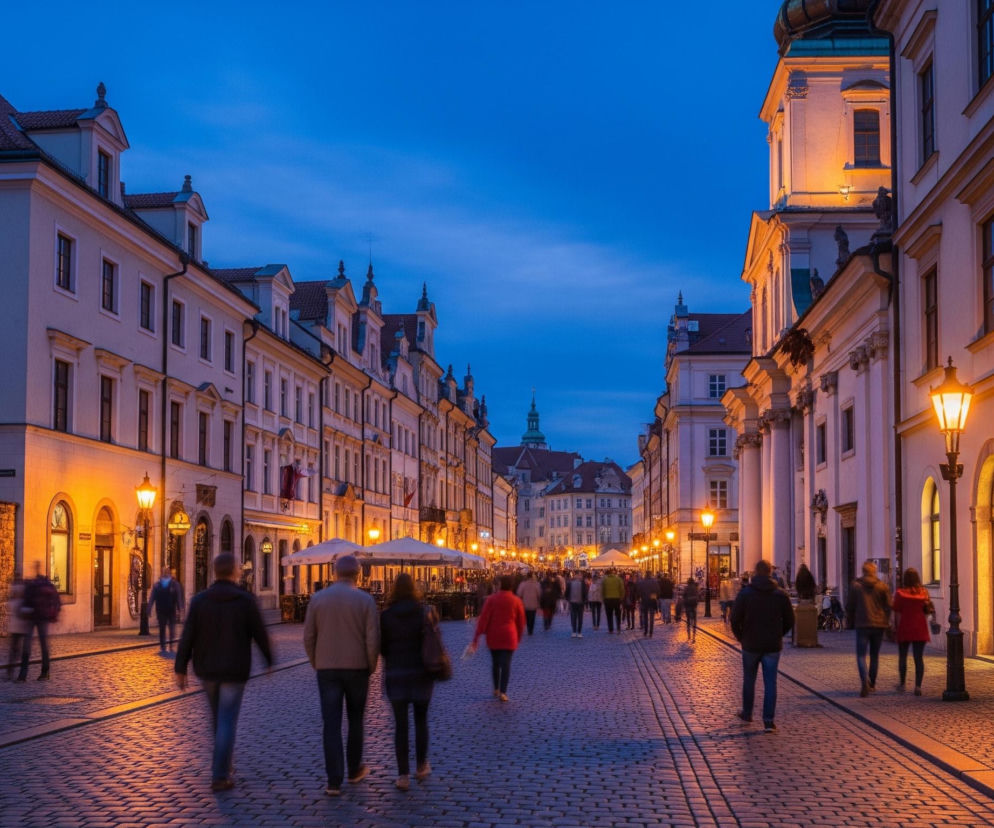 Ulica miejska o zmierzchu, oświetlona ciepłym światłem latarni, ciągnie się w głąb obrazu. Po obu stronach widoczne są wysokie, kremowe budynki z czerwonawymi dachami, z których niektóre mają ozdobne kopuły. Kamienna nawierzchnia ulicy, złożona z drobnych, prostokątnych kostek, odbija żółtawe światło, tworząc długie refleksy. Na ulicy znajduje się wielu ludzi, większość z nich zamazana z powodu długiego czasu naświetlania, co sugeruje ruch, a niektórzy idą w kierunku oddalonym od widza. Daleko na końcu ulicy majaczy wieża kościelna z zieloną kopułą, pod błękitnym niebem z lekkimi chmurami.