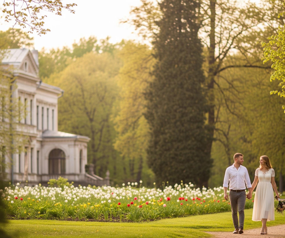 Młoda para idzie za ręce żwirową ścieżką przez park. Mężczyzna, ubrany w białą koszulę z długim rękawem podwiniętym do łokci i szare spodnie, patrzy w prawo, uśmiechając się. Kobieta, ubrana w białą koronkową sukienkę do kolan i sandały, trzyma bukiet kwiatów w lewej ręce i również się uśmiecha. Po lewej stronie ścieżki rozciąga się zielony trawnik z klombem pełnym białych, czerwonych i żółtych tulipanów, za którym w oddali widoczny jest duży, jasny budynek z kolumnami. Tło stanowi bujna zieleń drzew o jasnozielonych liściach, rozświetlona ciepłym światłem.