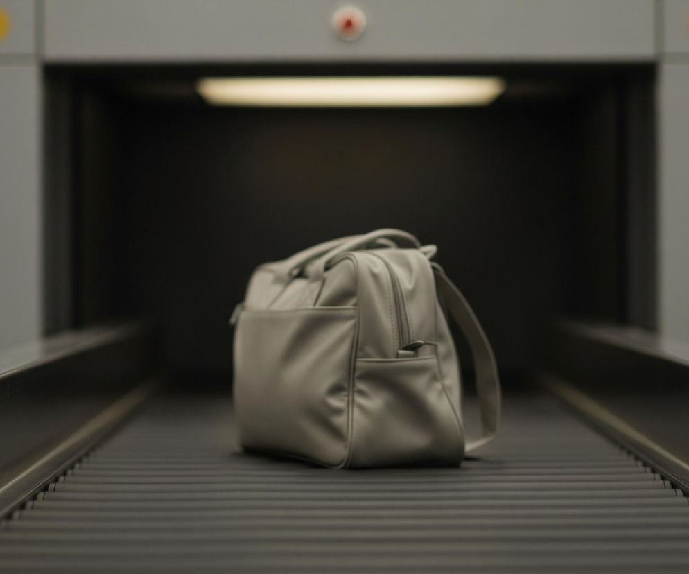 Szara torba podróżna o gładkiej fakturze leży centralnie na taśmociągu rolkowym, skierowana przodem w głąb ciemnego tunelu maszyny rentgenowskiej. Nad otworem tunelu widać prostokątną lampę emitującą jasne, ciepłe światło, oraz na górnej, szarej obudowie maszyny dwie żółte kropki po lewej i jedną czerwoną po prawej stronie. Taśmociąg wykonany jest z poziomych, metalowych rolek, rozciągających się na całą szerokość kadru, a po obu jego stronach znajdują się metalowe barierki.