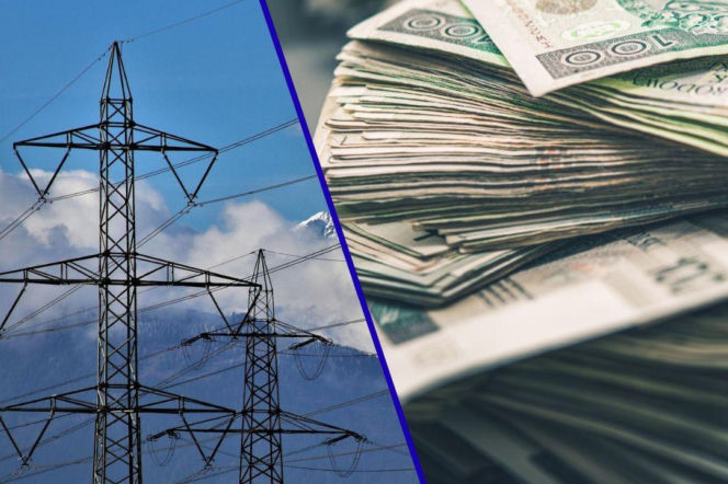 Dwie części obrazu: po lewej słupy wysokiego napięcia na tle błękitnego nieba z chmurami i górami, symbolizujące infrastrukturę przesyłową, po prawej zbliżenie na plik banknotów, prawdopodobnie polskich złotych, symbolizujące odszkodowania i finansową burzę. Więcej o wyroku TK przeczytasz na Super Biznes.