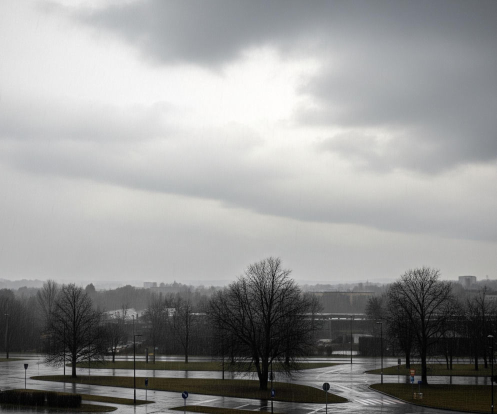 Górną połowę kadru zajmuje zachmurzone, szare niebo, z jaśniejszym fragmentem w centralnej części. Niżej rozciąga się miejski krajobraz w deszczowej pogodzie, z mokrymi, błyszczącymi drogami wijącymi się wśród trawników i nagich drzew. W tle widoczny jest pas lasu, a za nim zarys budynków w oddali. Na pierwszym planie po lewej stronie znajduje się fragment budynku, a na drogach widać białe linie i znaki drogowe.
