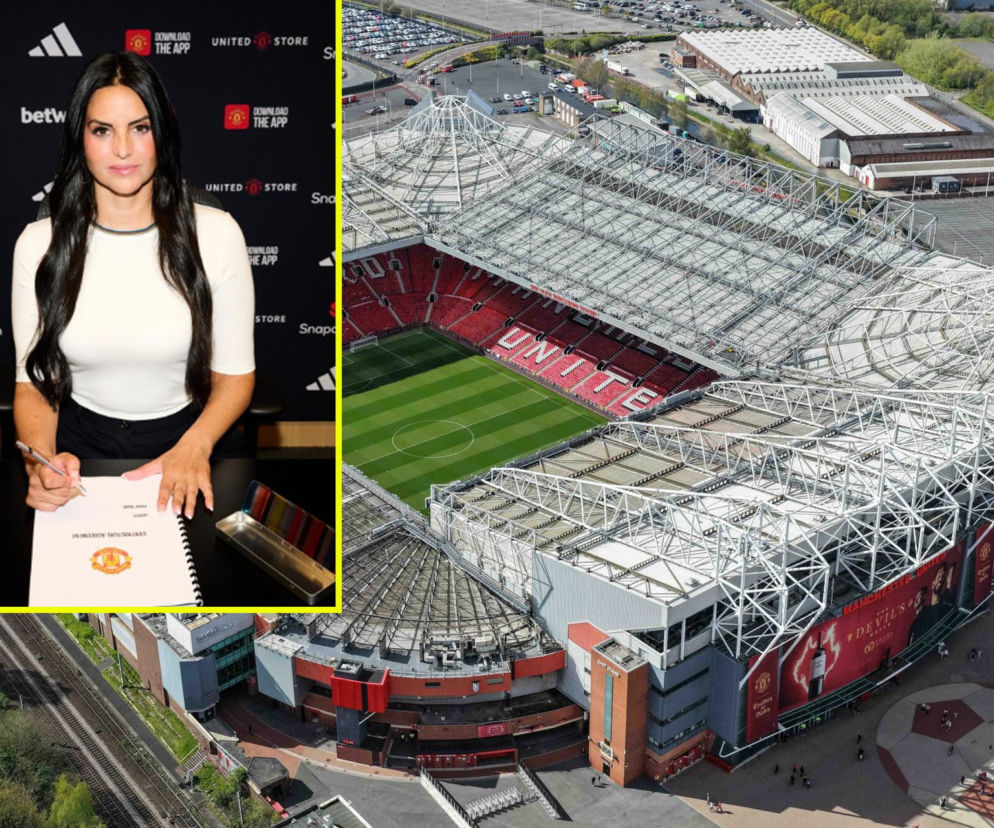 Stadion Old Trafford z lotu ptaka. Na miniaturowym zdjęciu trenerka Eva Olid podpisuje kontrakt. O zmianach czytaj w SE.