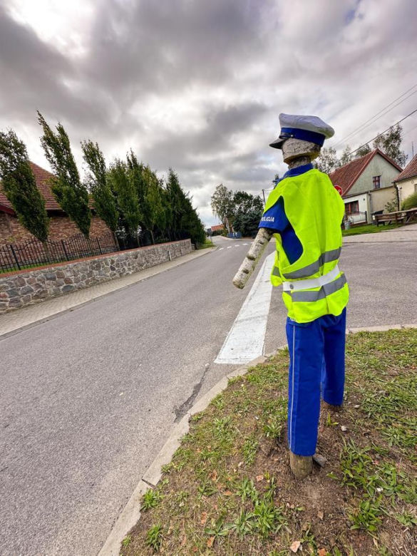 Policjant "drewniak" pilnuje porządku przy drodze na Mazurach. Sprawa trafiła na policję