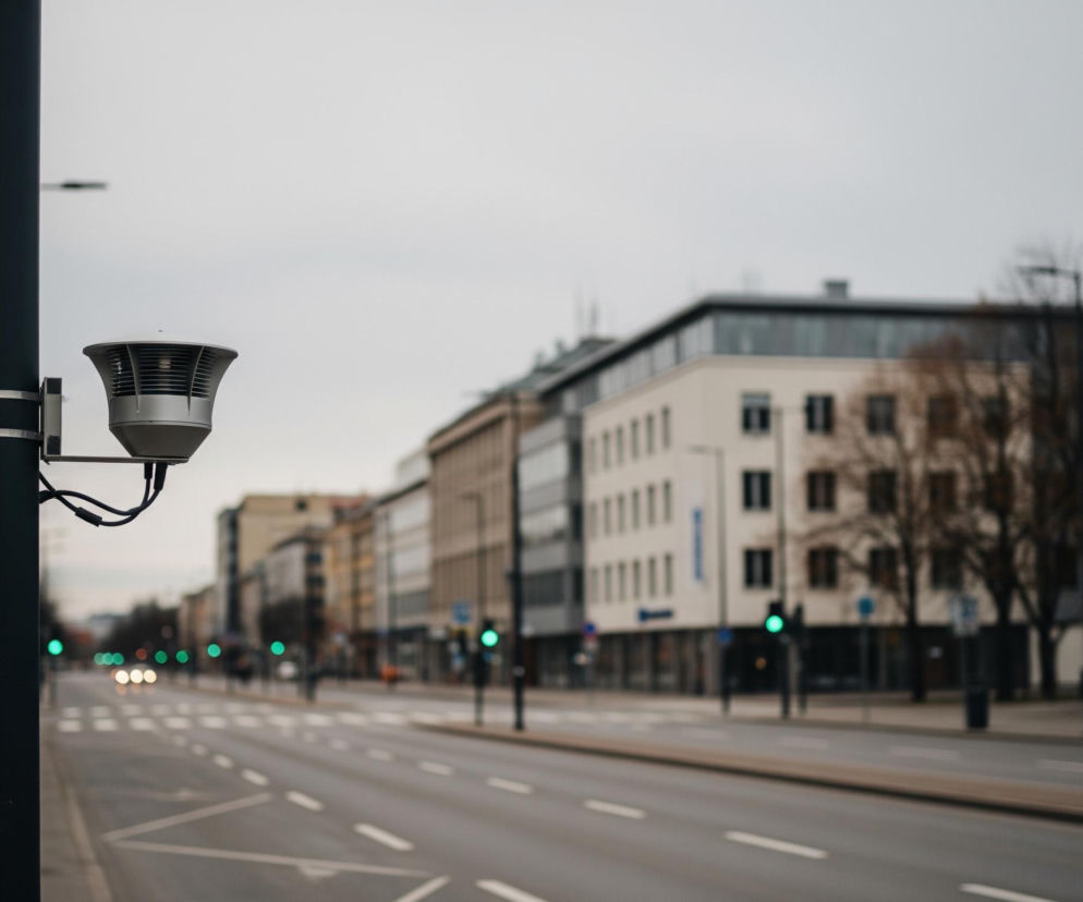 Czarny słup oświetleniowy z zamocowanym na nim srebrno-szarym urządzeniem w kształcie odwróconego stożka, z poziomymi żeberkami i widocznymi przewodami, znajduje się na pierwszym planie po lewej stronie. Za słupem rozciąga się miejski krajobraz z długą ulicą z białymi przerywanymi liniami na asfalcie, a w tle widać szereg budynków o różnej architekturze i wysokości, z dominującymi odcieniami bieli, szarości i brązu. Na ulicy widoczne są rozmyte światła samochodów oraz zielone światła sygnalizacji drogowej, wskazujące na ruch uliczny. Niebo jest szare i zachmurzone.