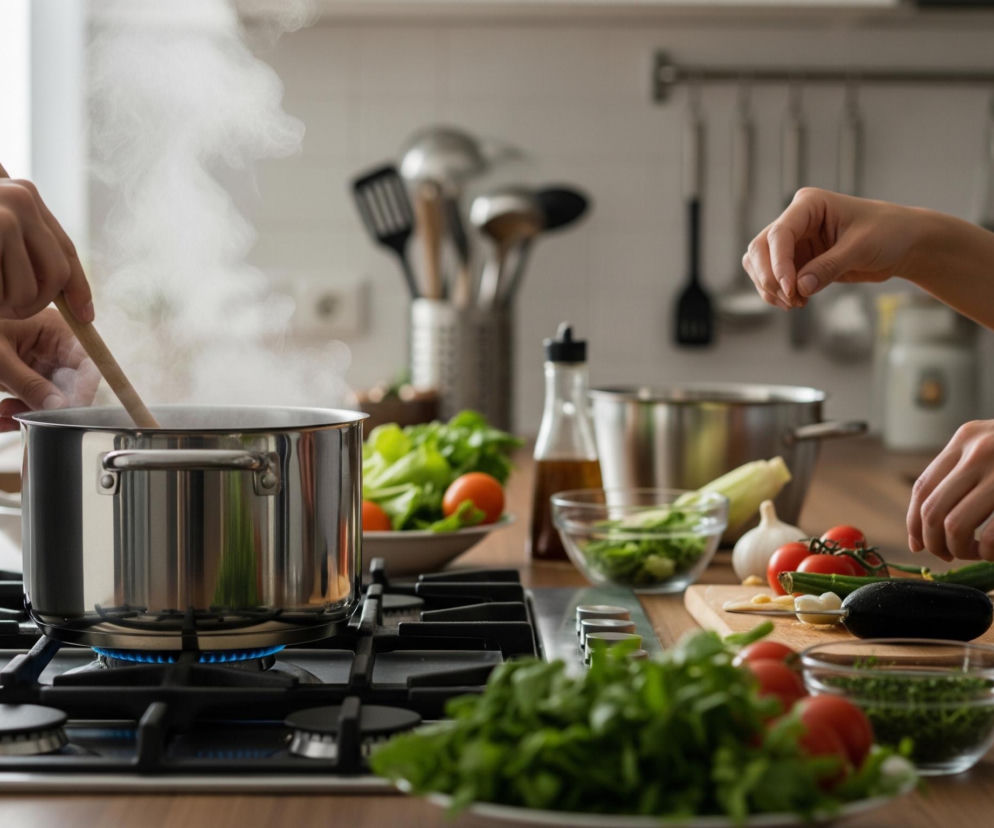 Na pierwszym planie, z lewej strony, stoi błyszczący, srebrny garnek na włączonym palniku kuchenki gazowej, z którego unosi się para. Nad garnkiem widoczne są dłonie osoby mieszającej zawartość drewnianą łyżką. Po prawej stronie, na drewnianej desce do krojenia, dłonie innej osoby przygotowują warzywa, w tym cukinię i pomidorki koktajlowe, obok których leży czosnek. W tle na blacie kuchennym ustawione są różne świeże warzywa, takie jak sałata i pomidory, a także butelka z olejem oraz miski z posiekanymi ziołami.